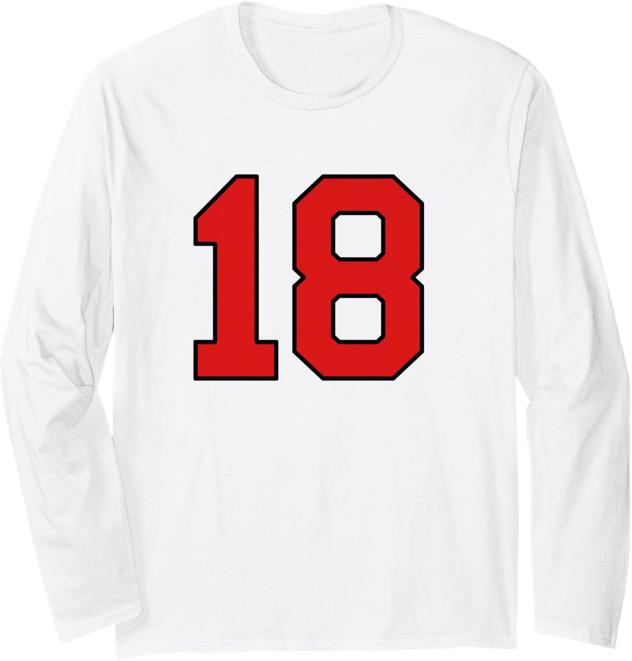 Lucky Number 18 Classic College American Varsity Fan Player Long Sleeve T-Shirt - Adult Unisex White