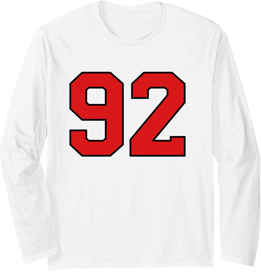 Lucky Number 92 Classic College American Varsity Fan Player Long Sleeve T-Shirt - Adult Unisex White