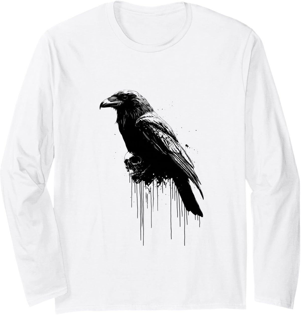 Grunge Raven Gothic Crow Long Sleeve T-Shirt - Adult Unisex White