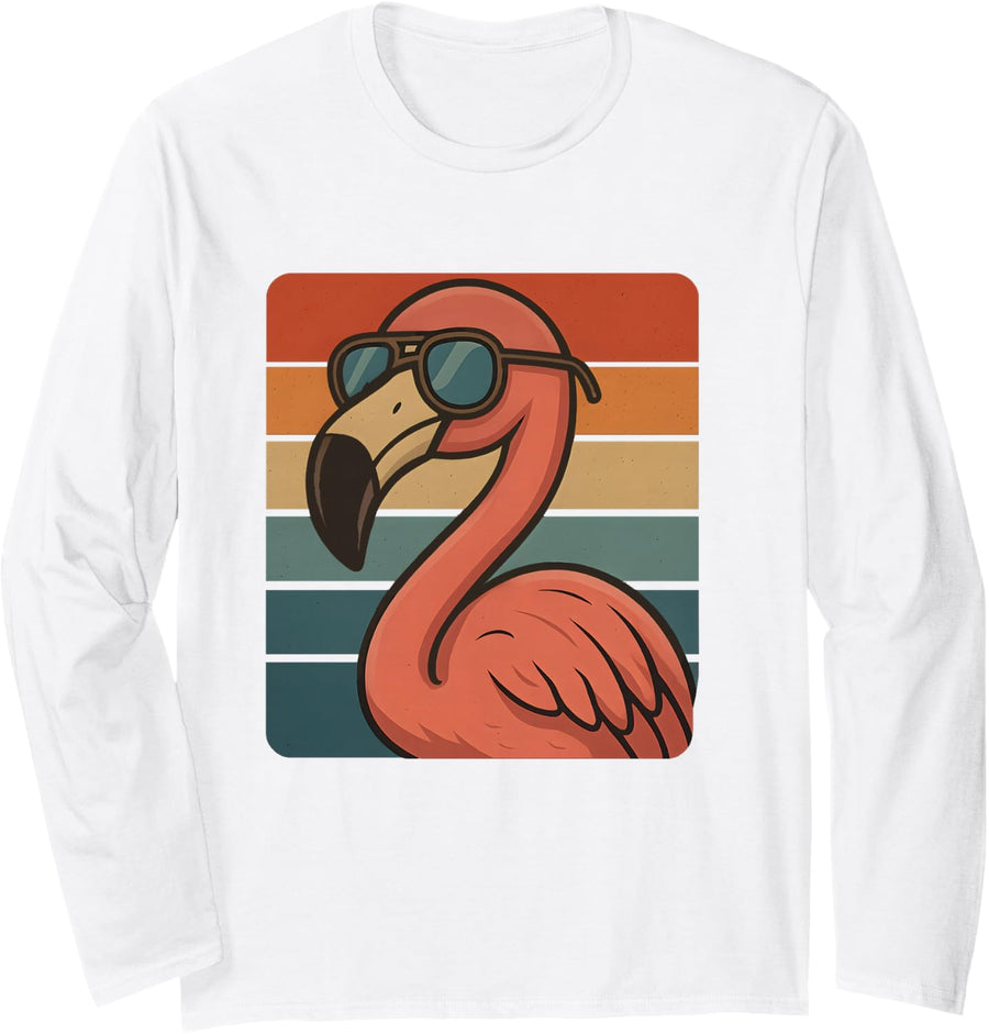Cool Retro Flamingo Sunglasses 70s 80s 90s Funny Flamingo Long Sleeve T-Shirt - Adult Unisex White