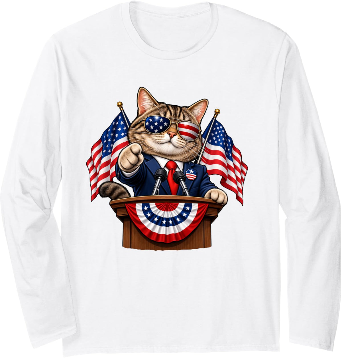 Patriotic Tabby Cat At Podium with American Flags and Tie Long Sleeve T-Shirt - Adult Unisex White