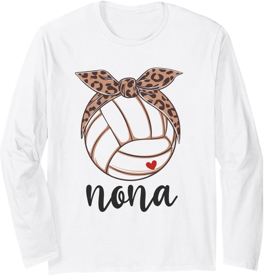 Volleyball Nona Leopard Mothers Day Long Sleeve T-Shirt - Adult Unisex White