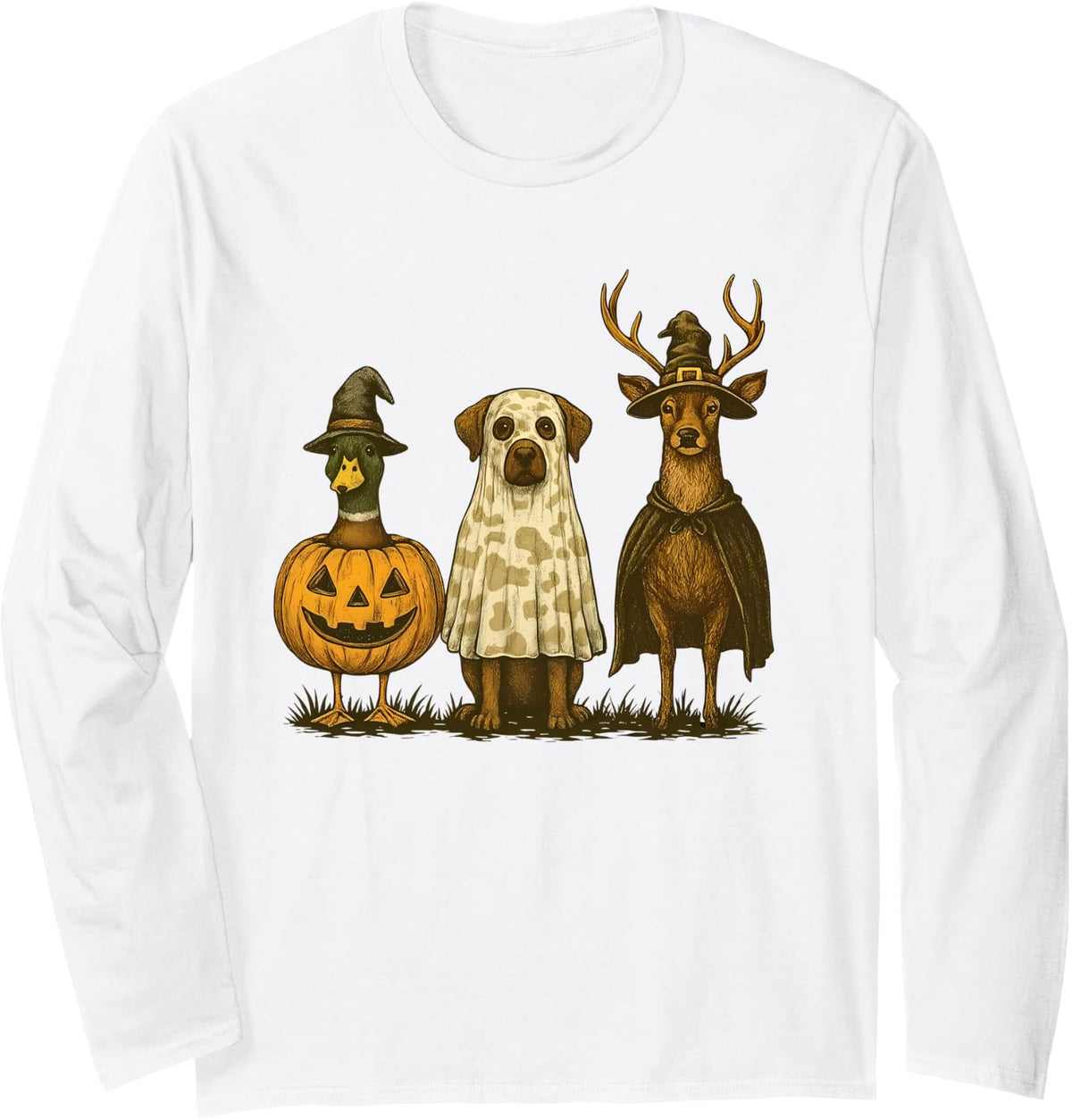 Retro Mallard Dog Deer Hunting Season Camo Halloween Costume Long Sleeve T-Shirt - Adult Unisex White