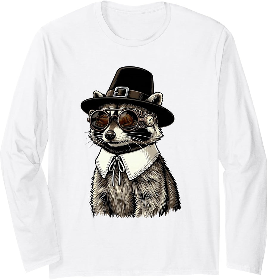 Raccoon Trash Panda Vintage Retro Turkey Day Dinner Fall Long Sleeve T-Shirt - Adult Unisex White