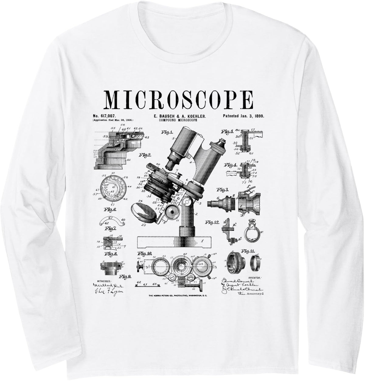 Microscope Biologist Science Vintage Patent Drawing Print Long Sleeve T-Shirt - Adult Unisex White