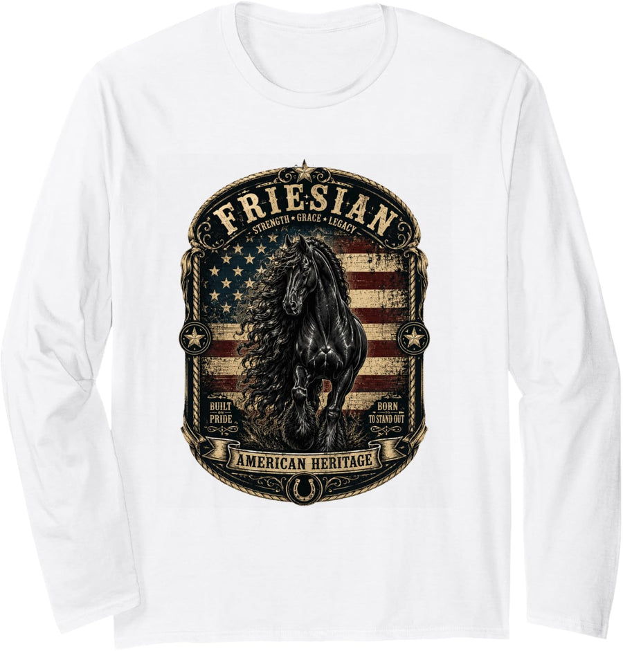 Vintage Friesian Horse Patriotic Equestrian Graphic Long Sleeve T-Shirt - Adult Unisex White