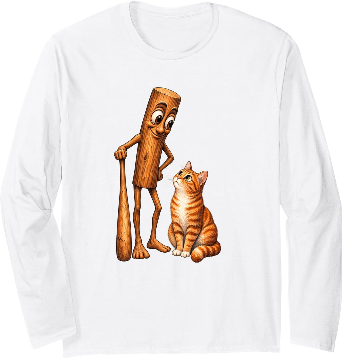 Funny Tabby Cat Cartoon Log Character Kids Long Sleeve T-Shirt - Adult Unisex White