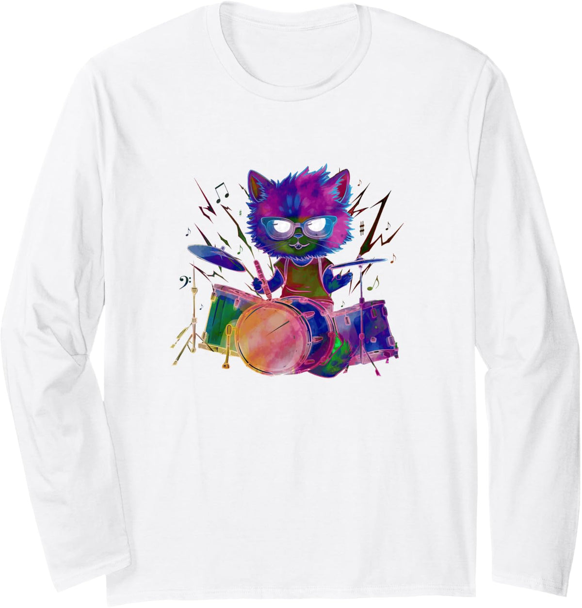 Colorful Cat Playing Drum Sunglasses Music Drummer Drumming Long Sleeve T-Shirt - Adult Unisex White
