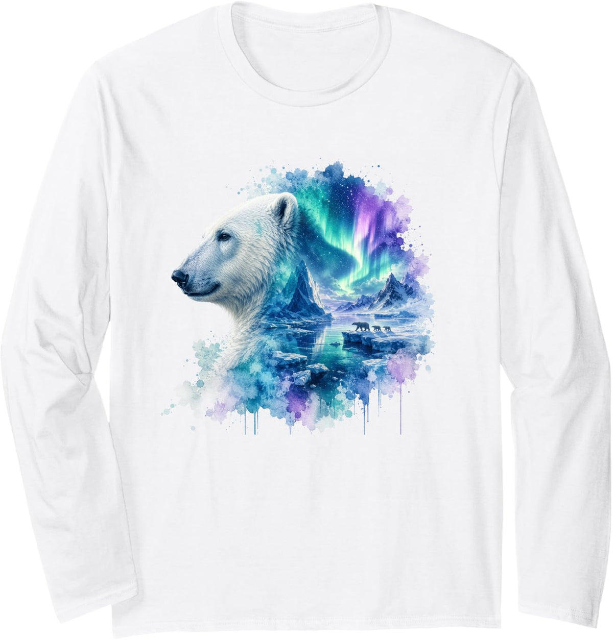 Polar Bear Family Arctic Celestial Glow Watercolor Long Sleeve T-Shirt - Adult Unisex White