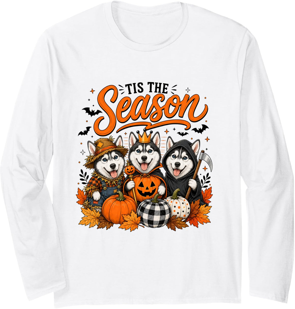 Tis The Season Halloween Siberian Husky Pumpkin Costume Long Sleeve T-Shirt - Adult Unisex White