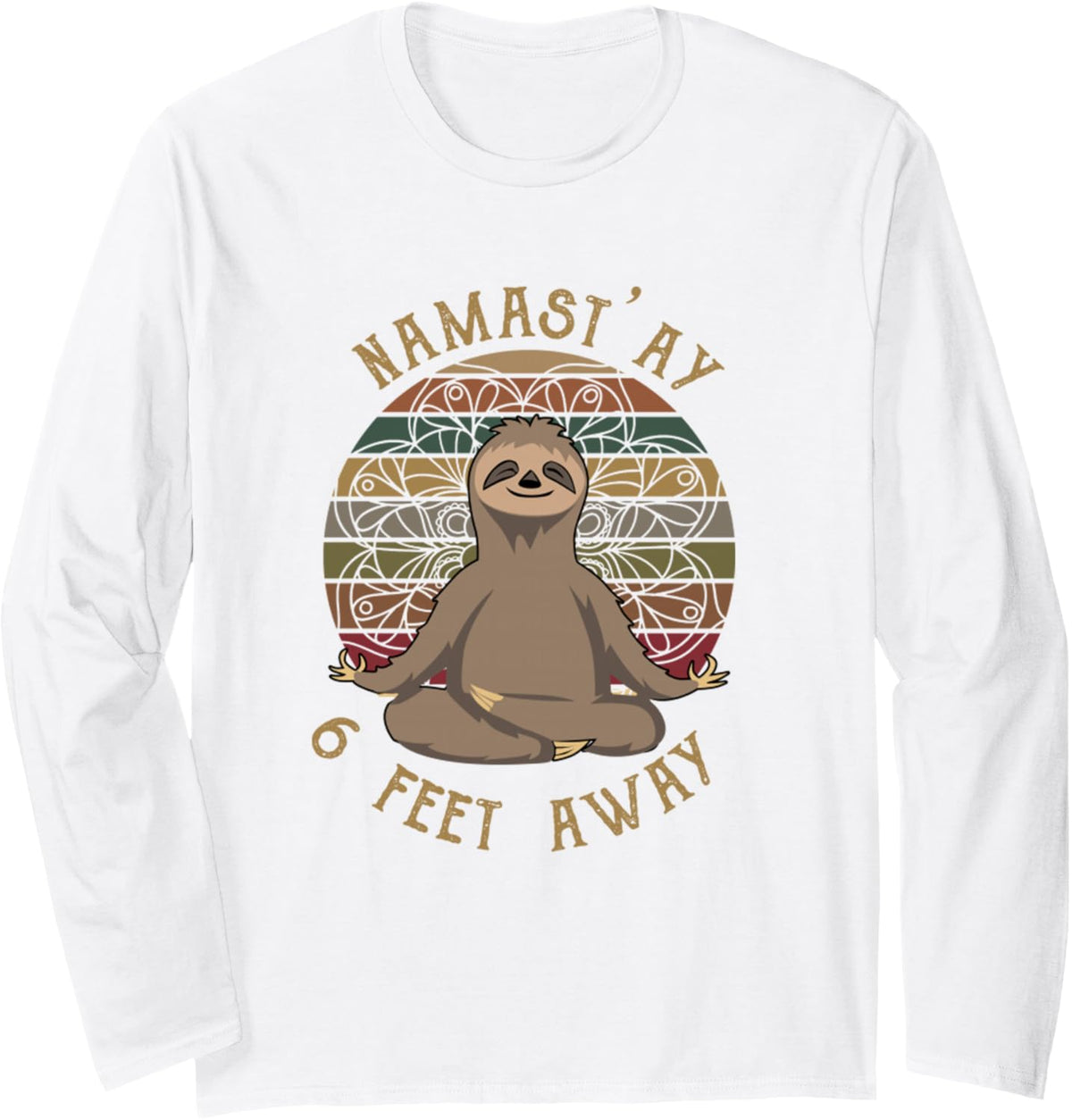 Retro Sunset Sloth Yoga Namas'ay 6 Feet Away Funny Vintage Long Sleeve T-Shirt - Adult Unisex White