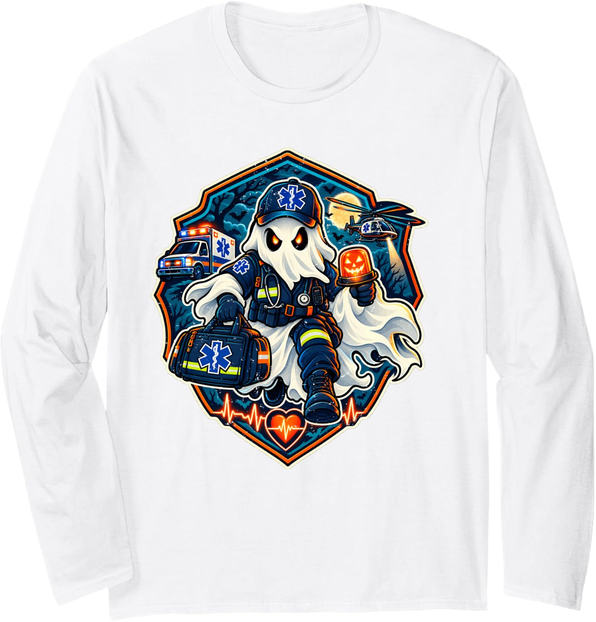 Spooky EMT Ghost Paramedic Halloween EMS Design Long Sleeve T-Shirt - Adult Unisex White