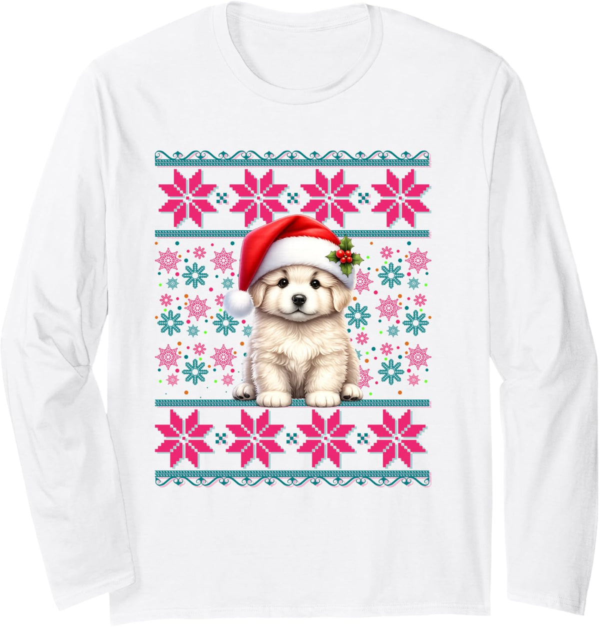 Santa Ugly Christmas Pajama Women Girls Great Pyrenees Dog Long Sleeve T-Shirt - Adult Unisex White