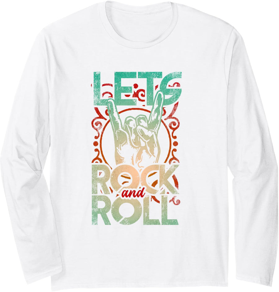 Lets Rock & Roll Devil Horn Vintage Rock Music Rock and Roll Long Sleeve T-Shirt - Adult Unisex White
