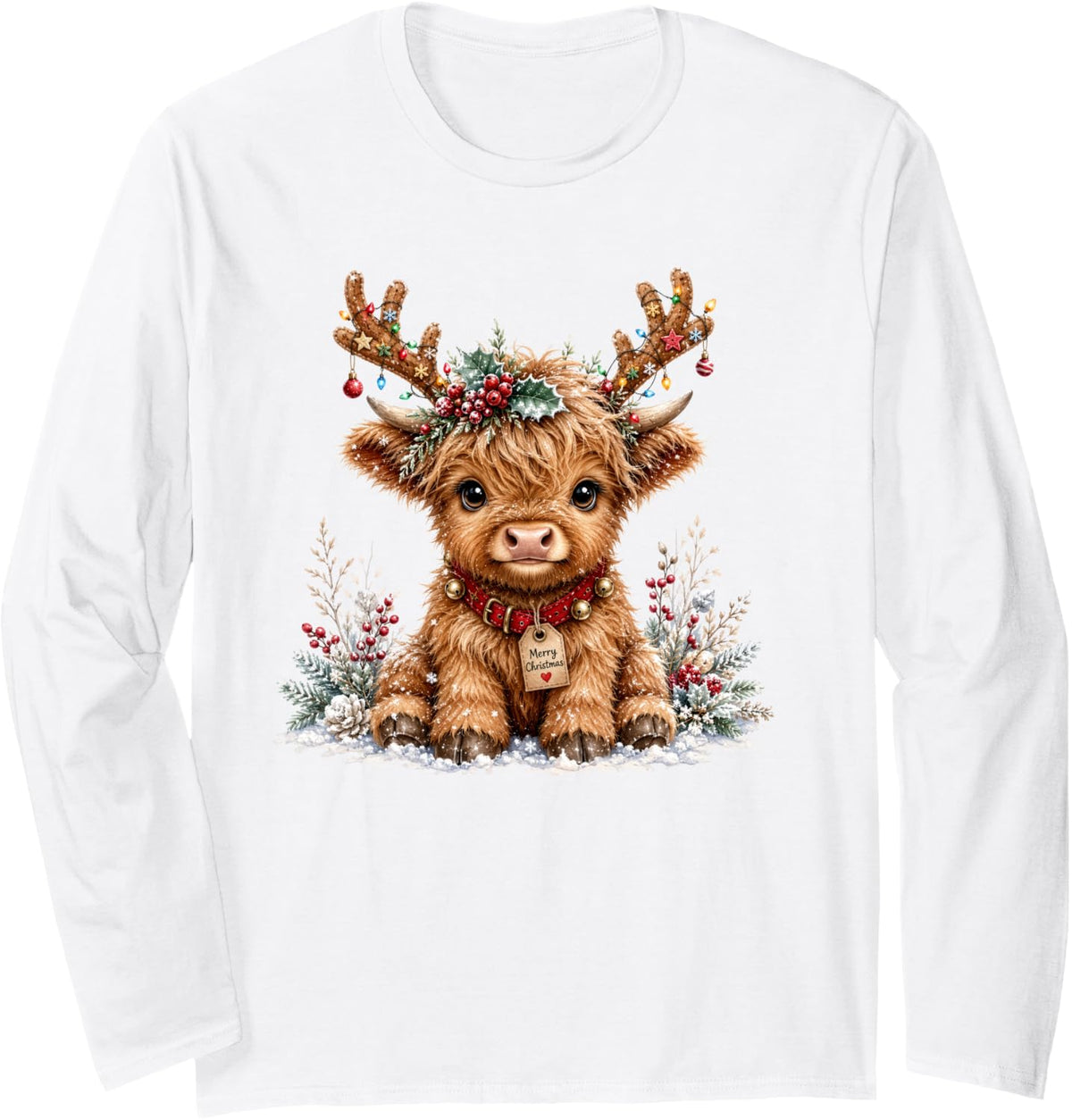 Merry Christmas Highland Cow Reindeer Holiday Men Women Kids Long Sleeve T-Shirt - Adult Unisex White