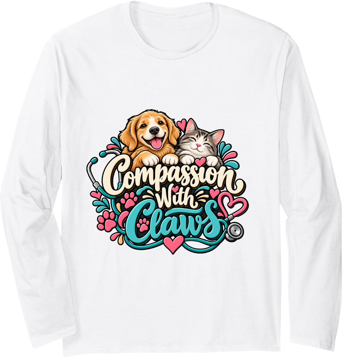 Vet Tech - Compassion with Claws Long Sleeve T-Shirt - Adult Unisex White
