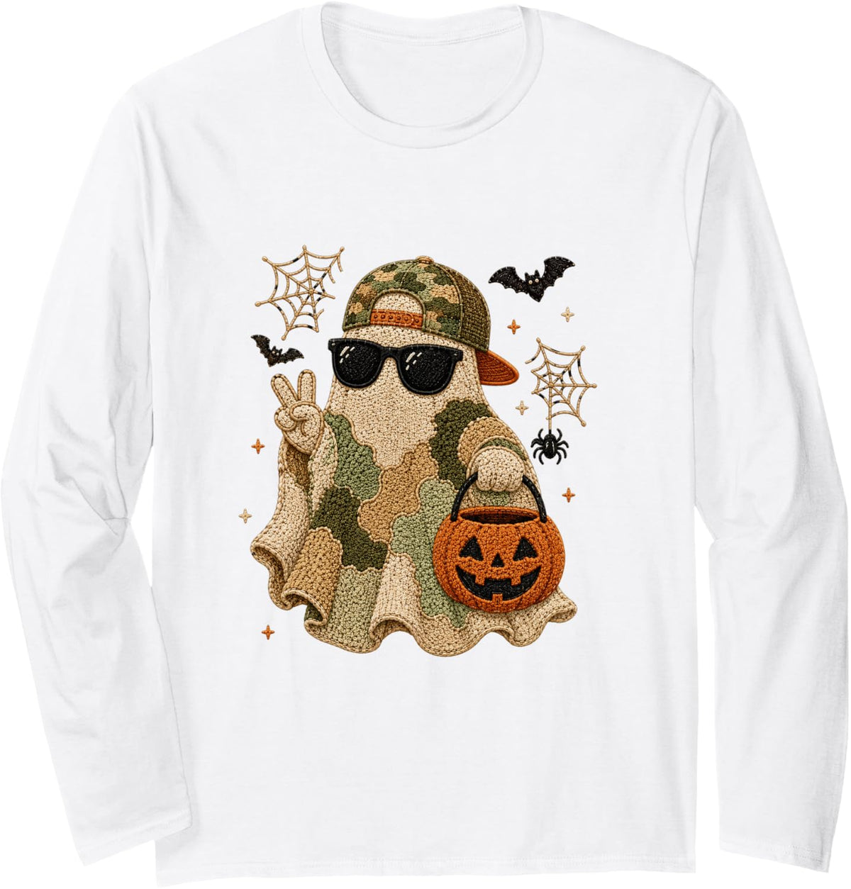 Camouflage Spooky Season Camo Ghost Halloween Long Sleeve T-Shirt - Adult Unisex White
