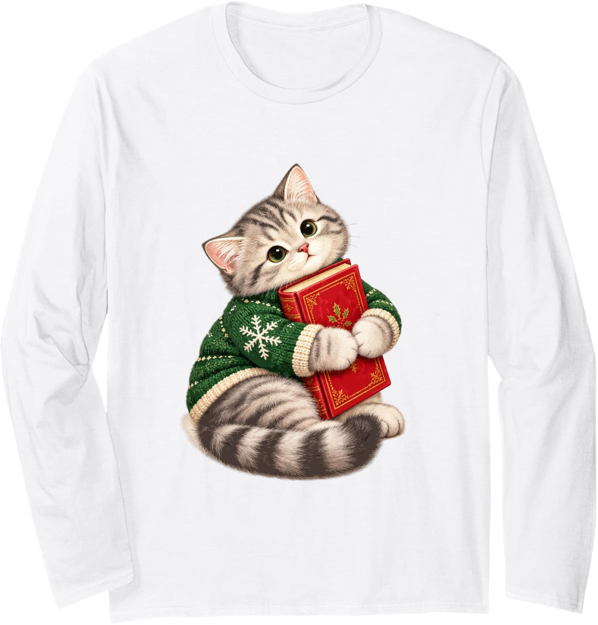 Cute Tabby Cat Hugging Christmas Book Bookworm Kitten Art Long Sleeve T-Shirt - Adult Unisex White