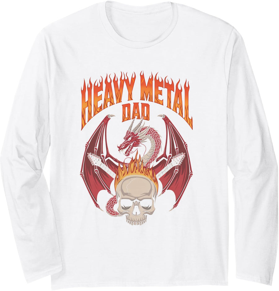 Heavy Metal Dad Dragon Skull Flames Long Sleeve T-Shirt - Adult Unisex White