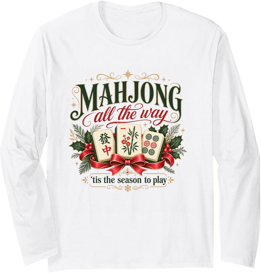 Mahjong Christmas Theme Long Sleeve T-Shirt - Adult Unisex White
