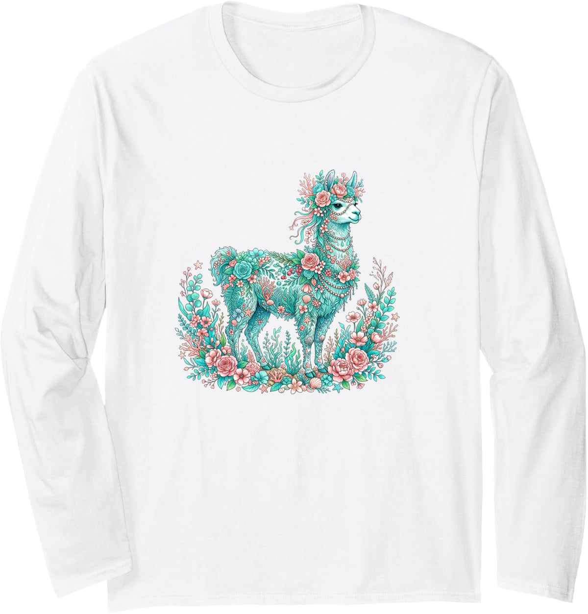 Floral Alpaca Llama Botanical Garden Art Long Sleeve T-Shirt - Adult Unisex White