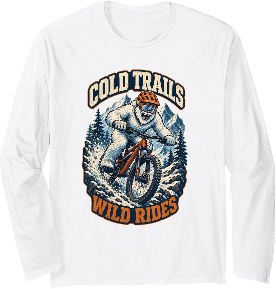 Cold Trails Wild Rides Funny Yeti Mountain Bike MTB Cycling Long Sleeve T-Shirt - Adult Unisex White
