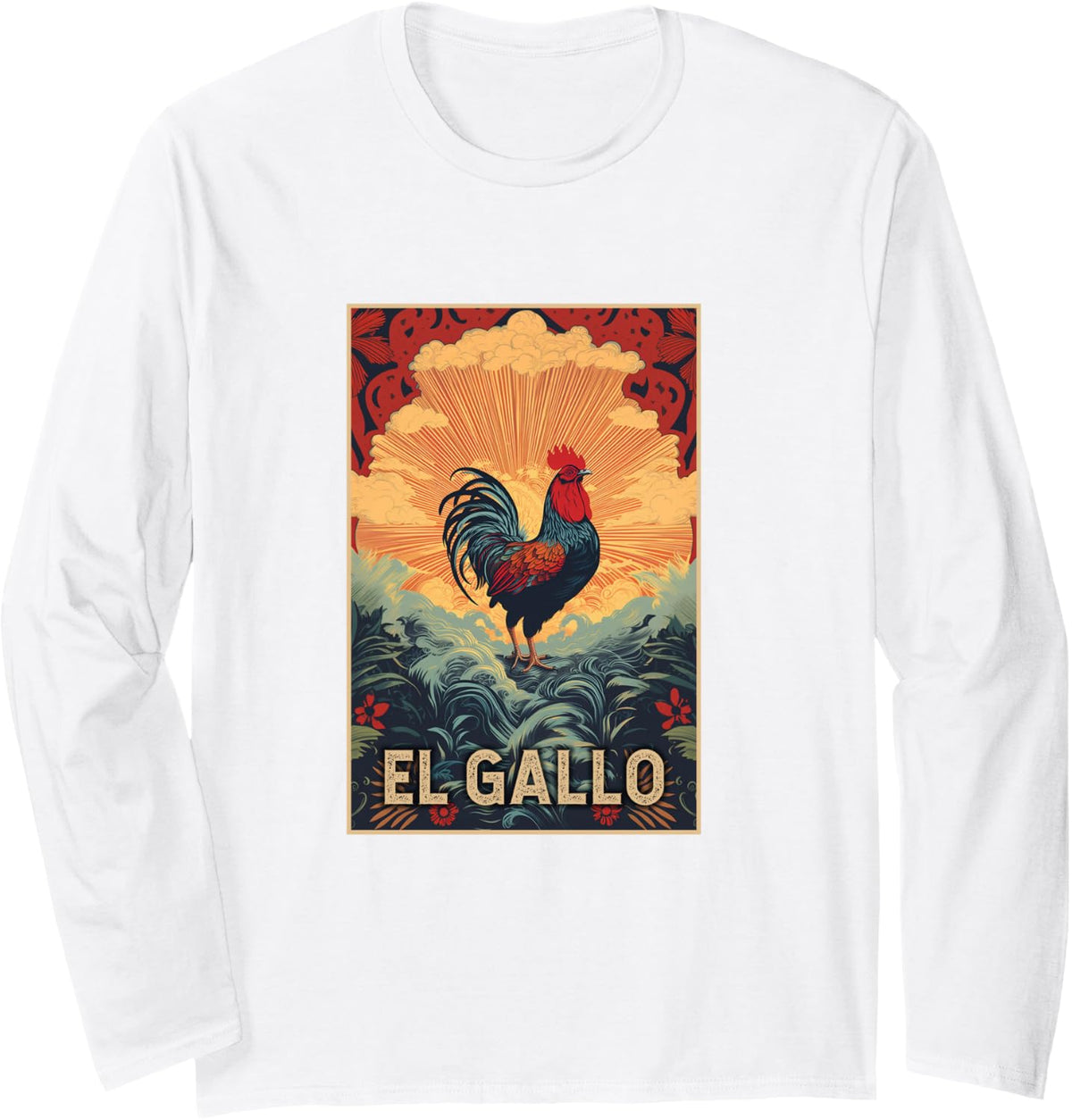 El Gallo Cool Vintage Design of Rooster at Dawn Long Sleeve T-Shirt - Adult Unisex White