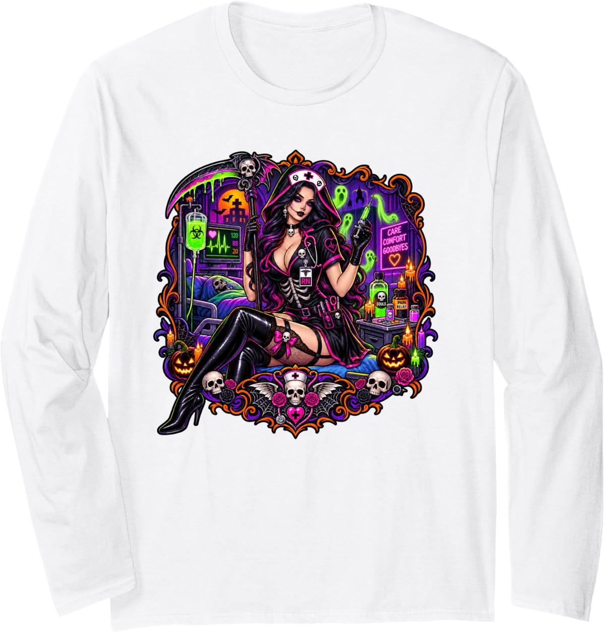 Nurse Grim Reaper Death RN LPN CN Medical Nursing Womens Long Sleeve T-Shirt - Adult Unisex White