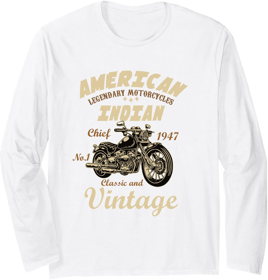 Retro Vintage American Motorcycle Indian for Old Biker Men Long Sleeve T-Shirt - Adult Unisex White