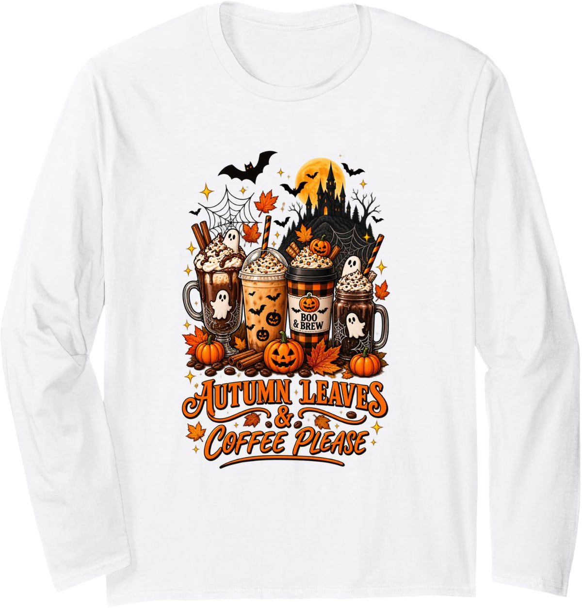 Autumn Leaves and Coffee Please Halloween Ghost Bat Spooky Long Sleeve T-Shirt - Adult Unisex White