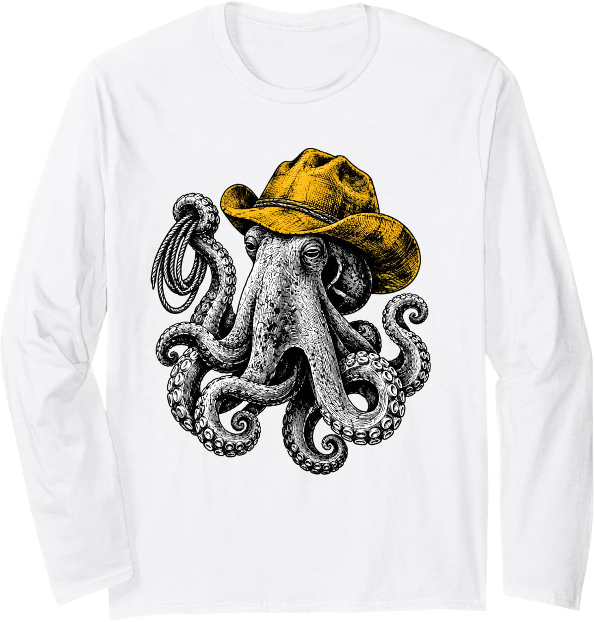 Cowboy Octopus Western Ranch Rodeo Sea Creature Long Sleeve T-Shirt - Adult Unisex White