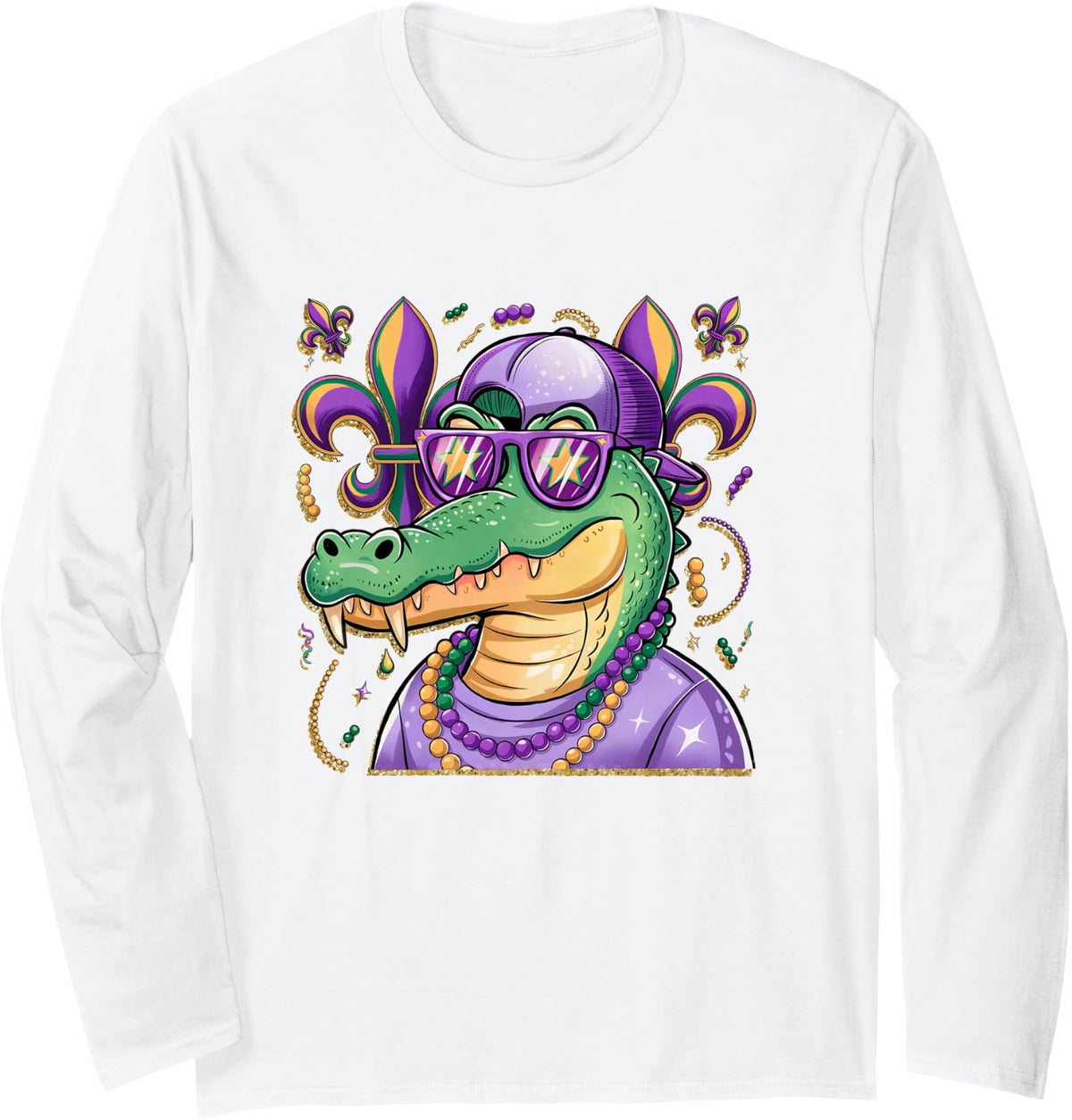 Mr Gator Mardi Gras Vibes Louisiana Crocodile Mardi Gras Long Sleeve T-Shirt - Adult Unisex White