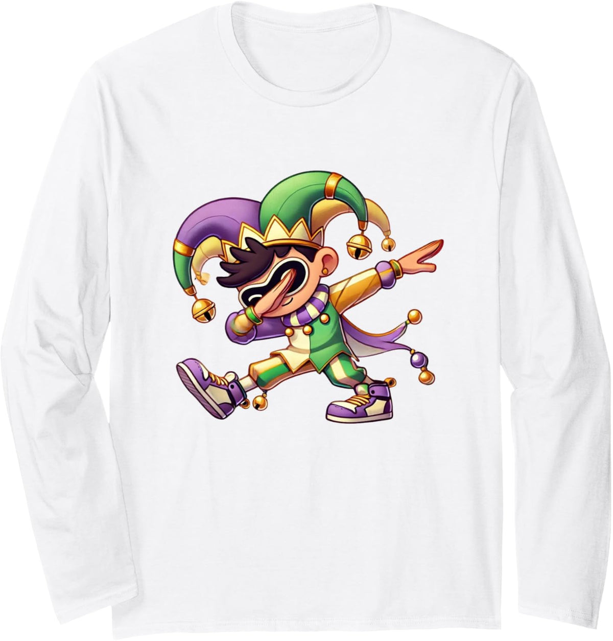 Mardi Gras Boys Dabbing Funny Outfit Jester Hat Boys Tee Long Sleeve T-Shirt - Adult Unisex White