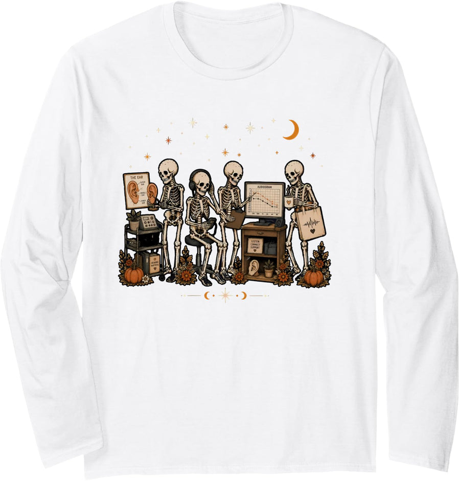Skeleton Audiologist Ear ENT Nurse Fall Autumn Halloween Long Sleeve T-Shirt - Adult Unisex White