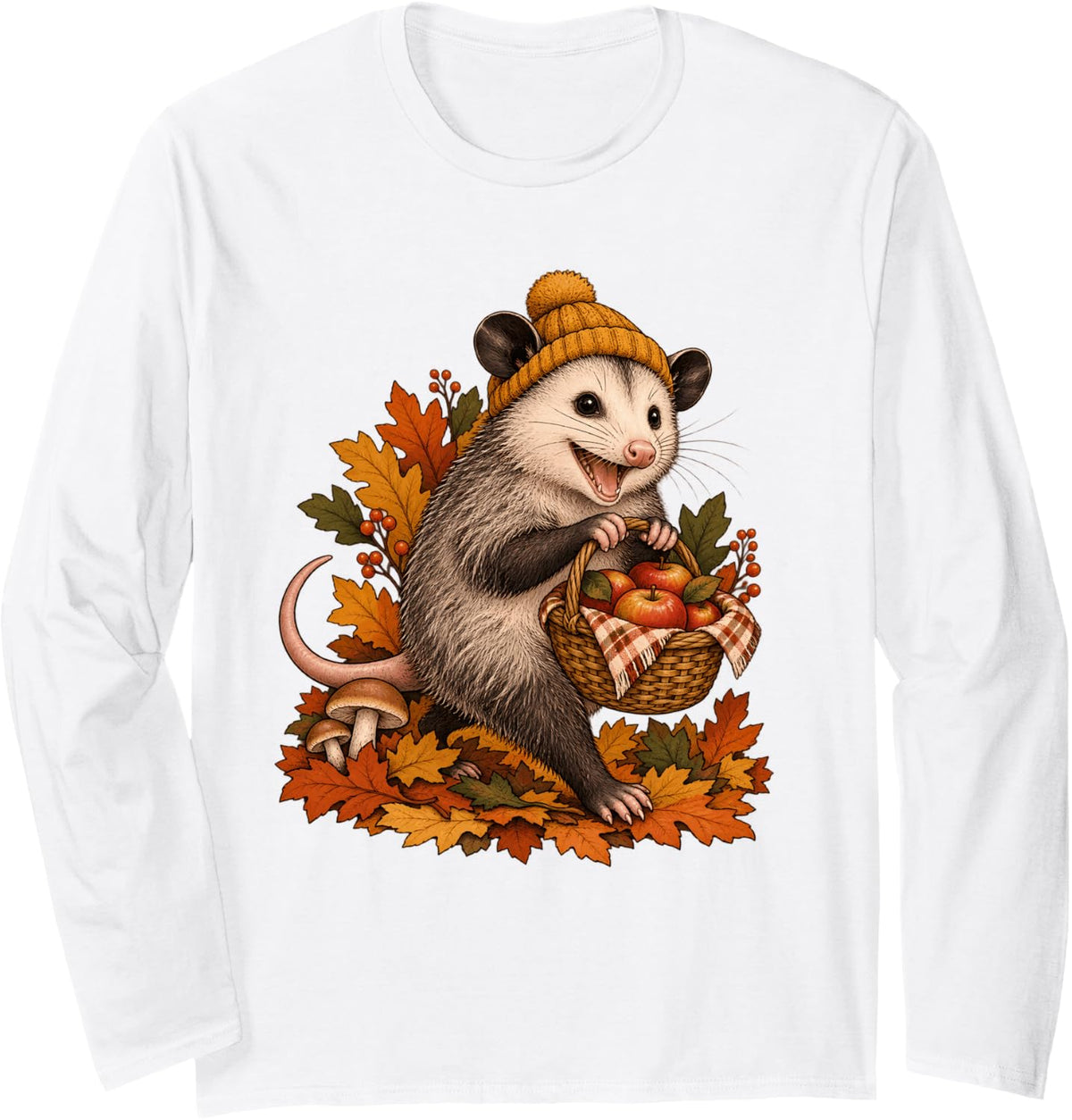 Funny Opossum Apple Picking Basket Fall Autumn Long Sleeve T-Shirt - Adult Unisex White