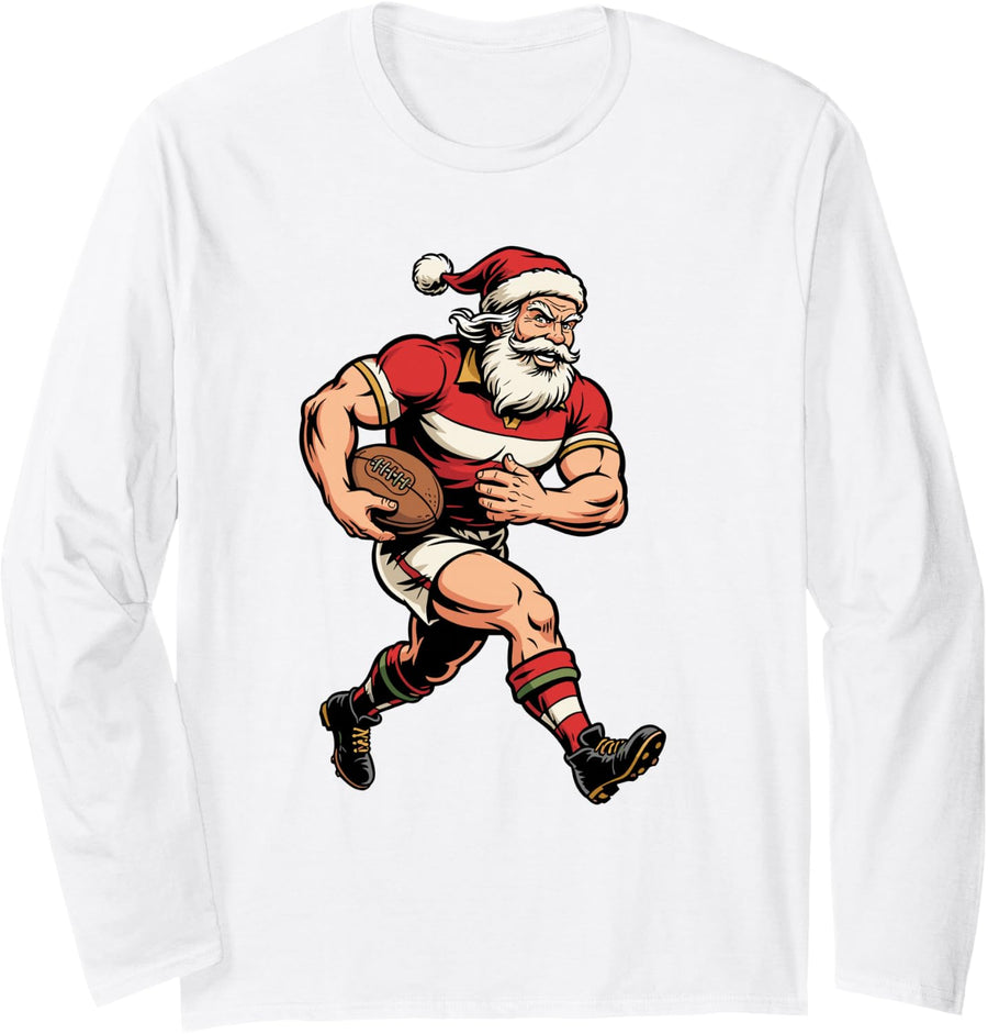 Funny Santa Claus Playing Rugby Christmas Men Women Long Sleeve T-Shirt - Adult Unisex White