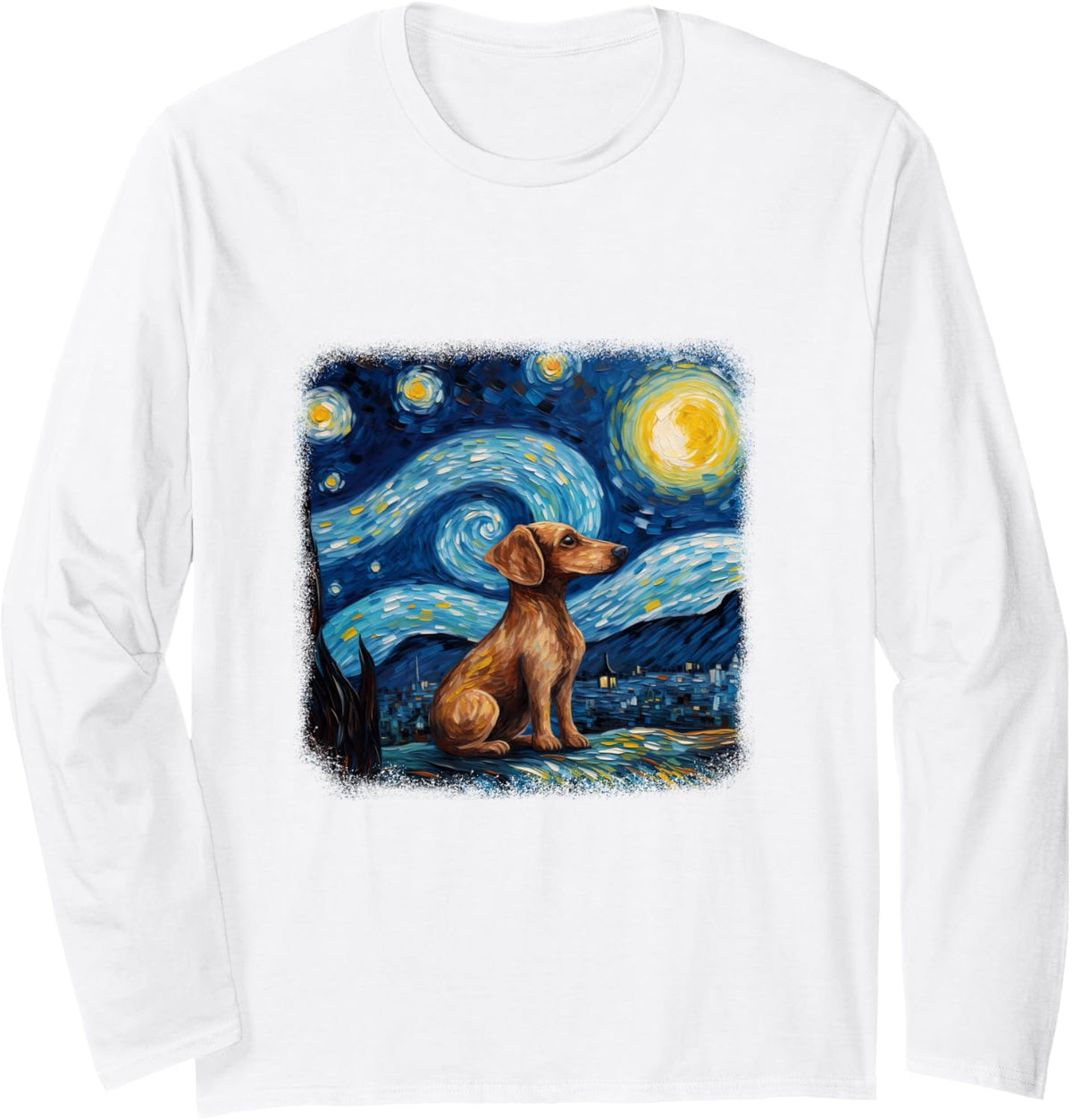 Dog in starry night van gogh Dachshund Long Sleeve T-Shirt - Adult Unisex White