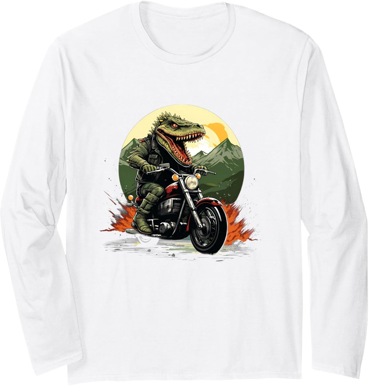 Biker Crocodile Riding Motorcycle Long Sleeve T-Shirt - Adult Unisex White