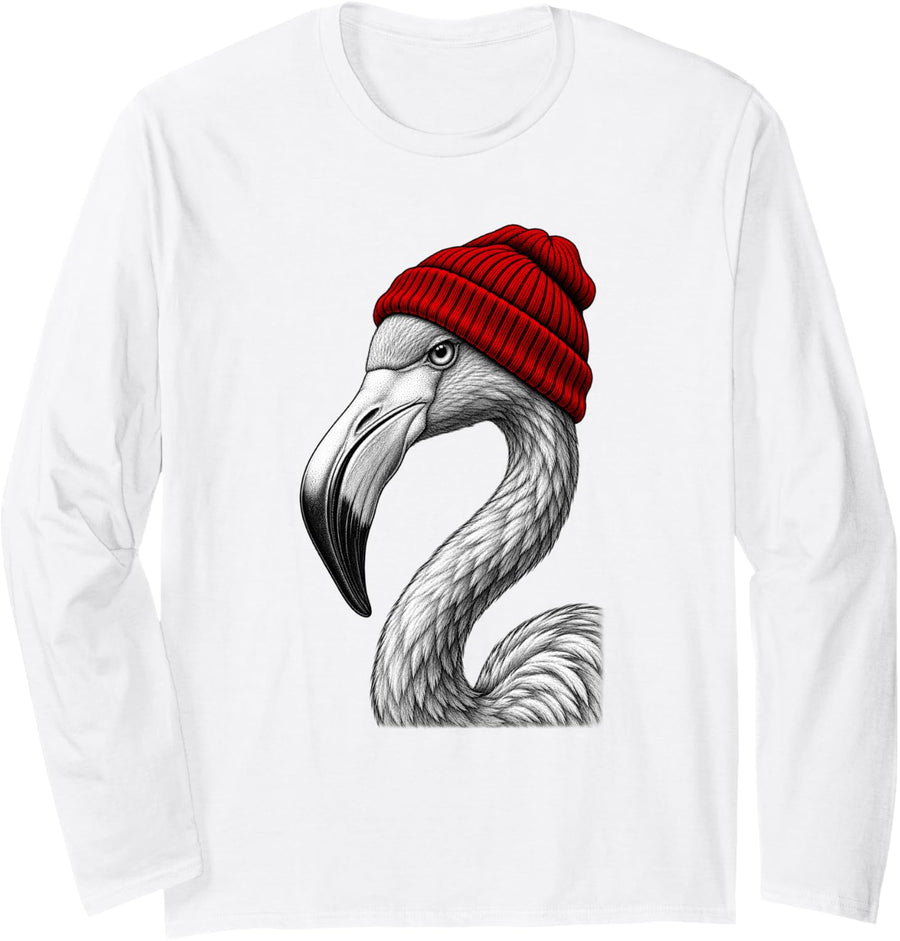 Flamingo Wearing Beanie Funny Chill Animal Lover Long Sleeve T-Shirt - Adult Unisex White