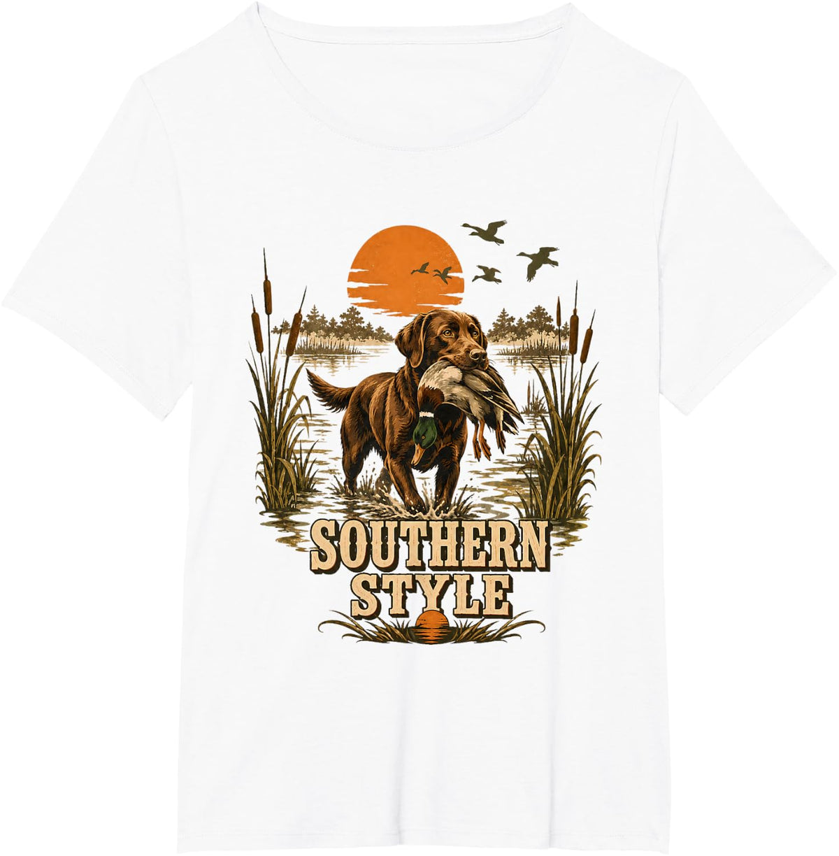 Southern Style Duck Hunting Lab Dog Sunset Cattail Marsh Cam T-Shirt - White