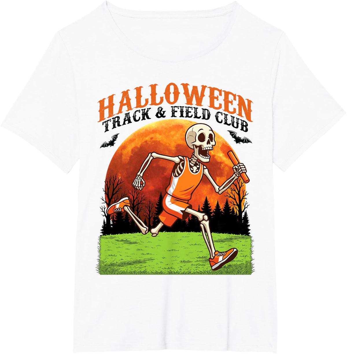 Skeleton Track and Field Athlete Halloween Day Spooky Club T-Shirt - White