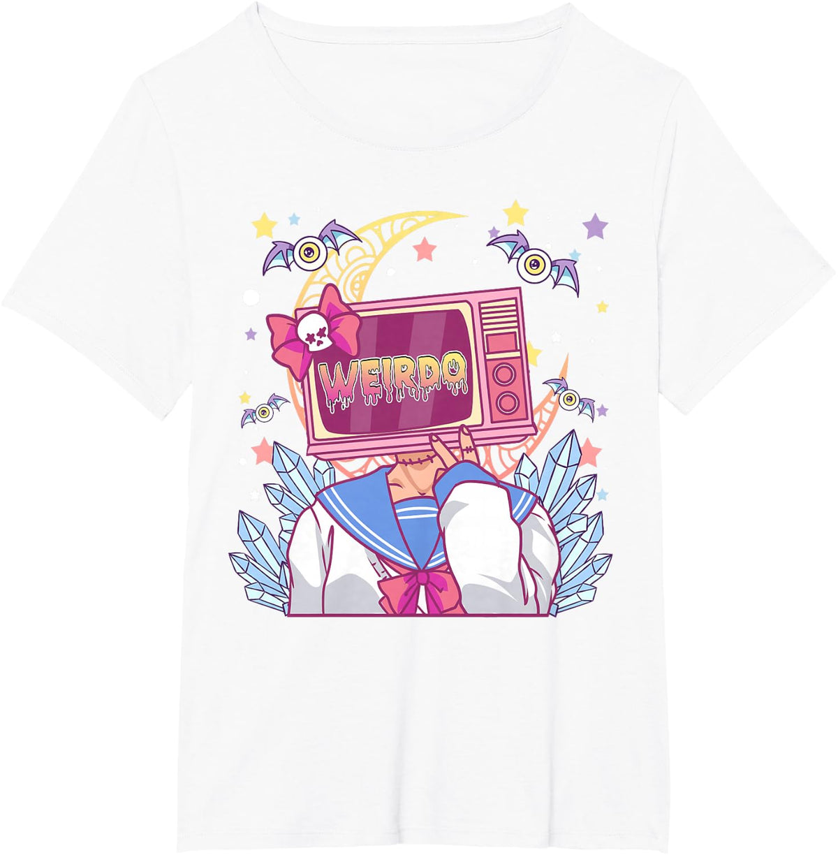 Object Head Cosplay Weirdcore Aesthetic Pastel Goth Bat TV T-Shirt - White