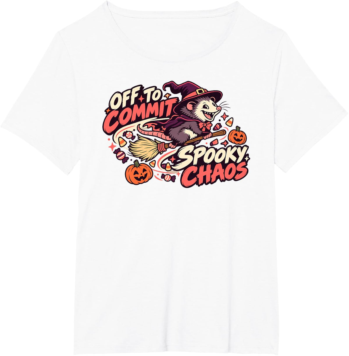 Funny Opossum Witch Flying Broom Off to Commit Spooky Chaos T-Shirt - White