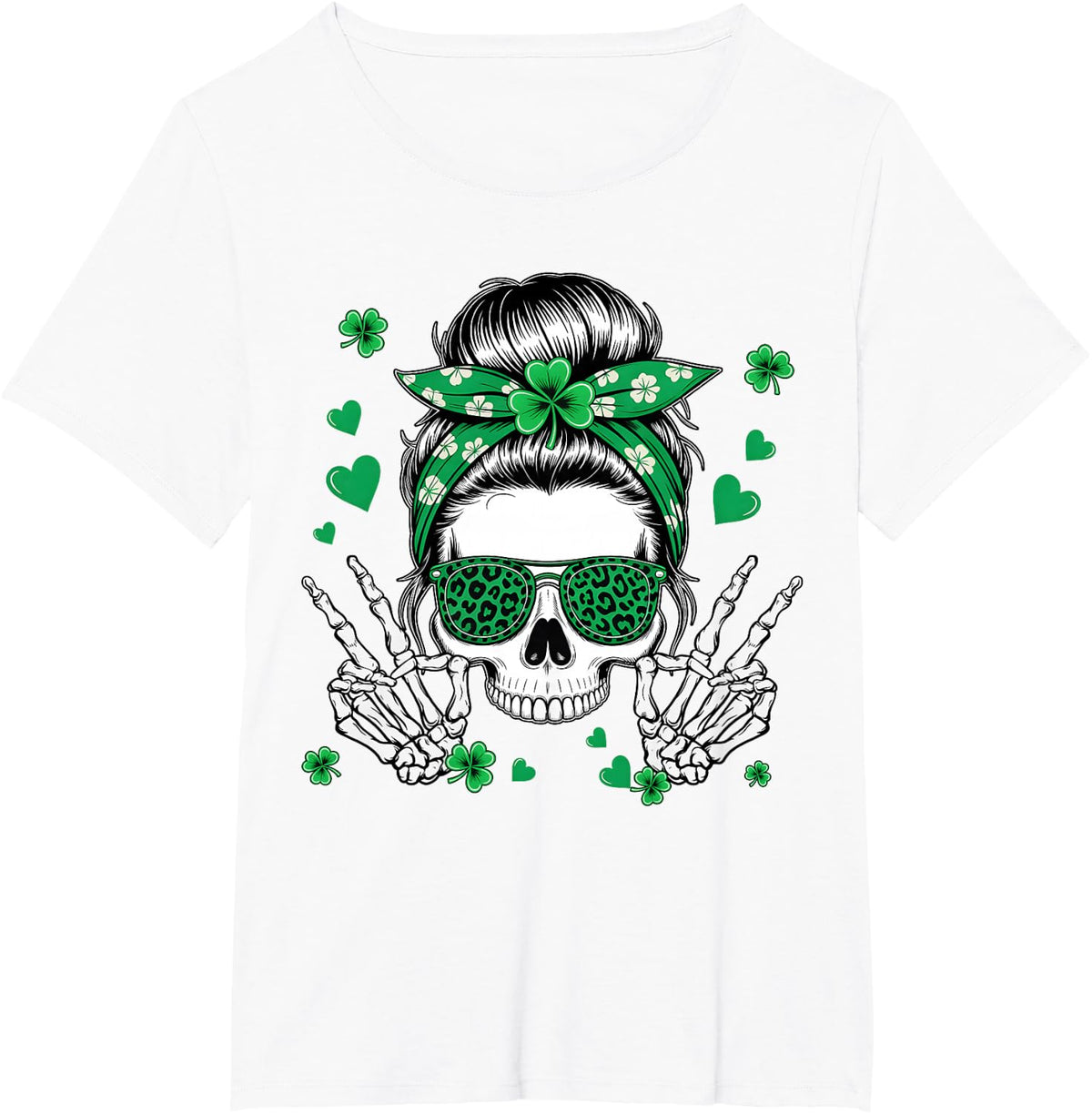 St Patricks Day Skull Messy Bun Bandana Shamrock Women Girl T-Shirt - White