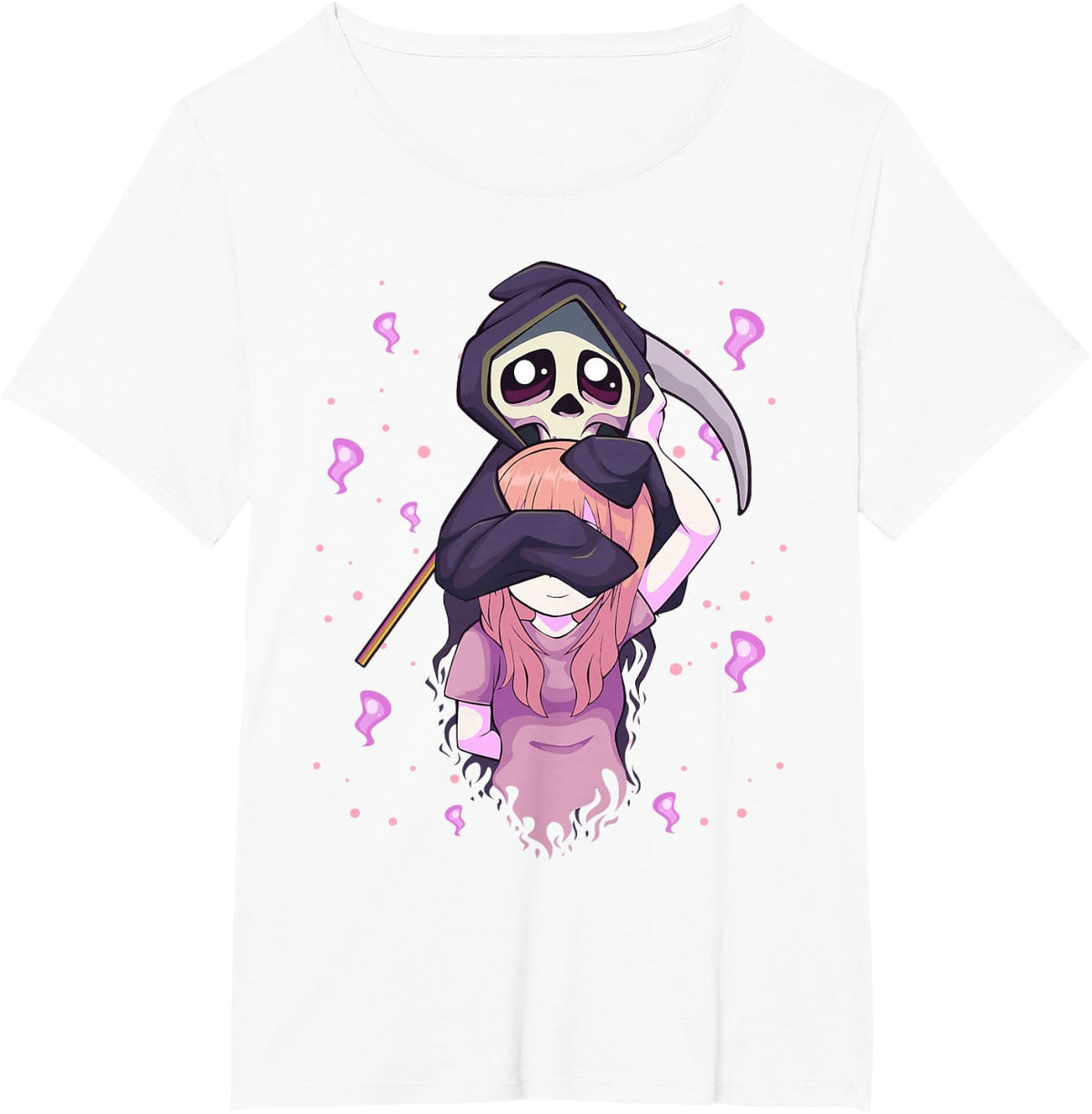 Pastel Goth Kawaii Anime Girl and Cute Reaper Teens T-Shirt - White