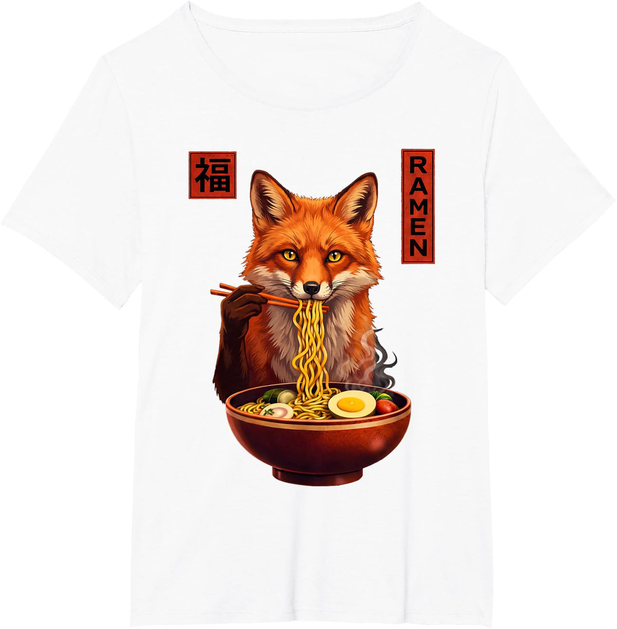 Fox Ramen Japanese Art Funny Anime Graphic Tee Kawaii T-Shirt - White