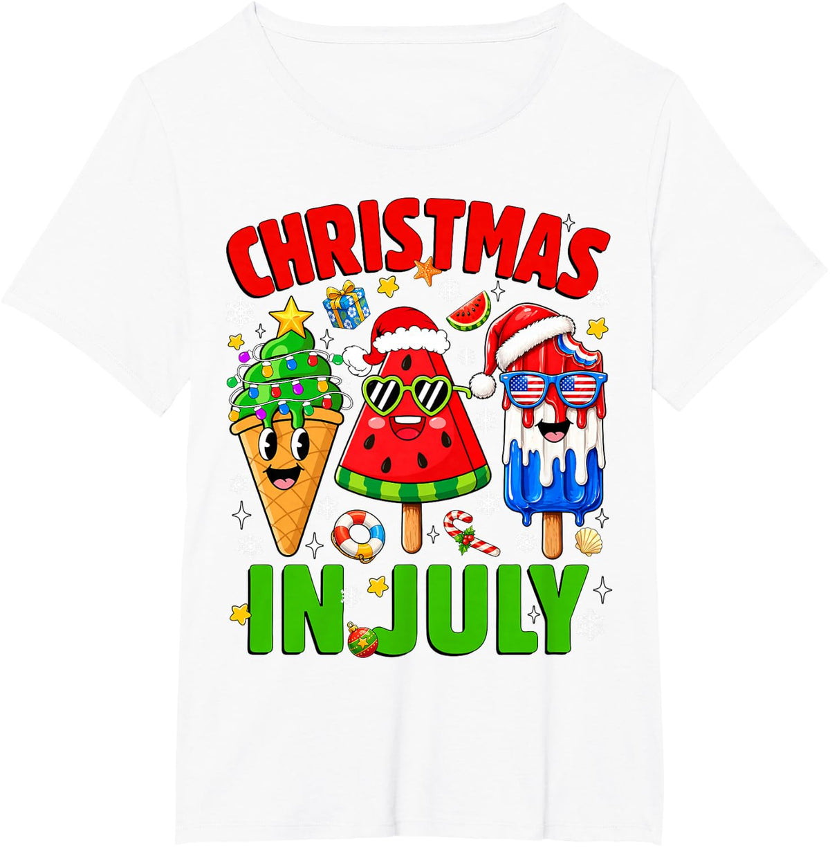 Christmas in July Ice Pops Watermelon Xmas Santa Hat Kids T-Shirt - White