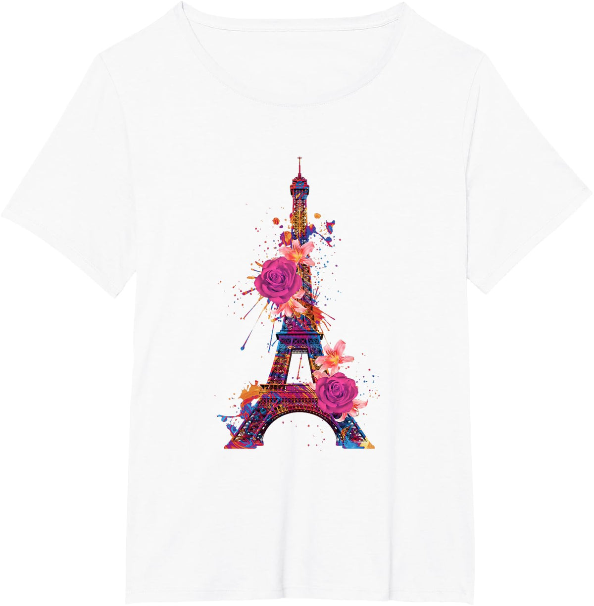 Paris Colorful Eiffel Tower with Rose France Souvenir French T-Shirt - White