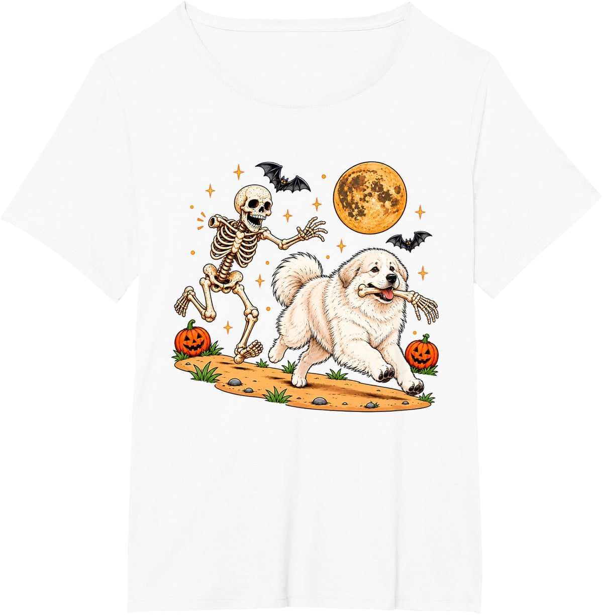 Funny Skeleton Chasing Great Pyrenees Halloween Dog Mom Pet T-Shirt - White