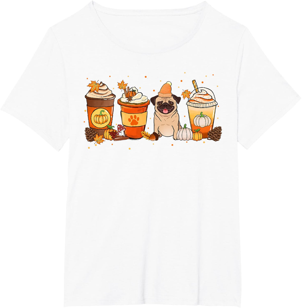 Pumpkin Spice Latte Pug Fall Autumn Tees T Shirts Thanksgiving - White